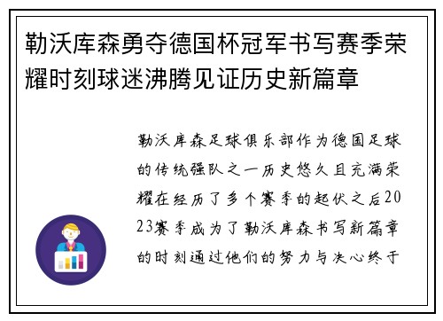 勒沃库森勇夺德国杯冠军书写赛季荣耀时刻球迷沸腾见证历史新篇章